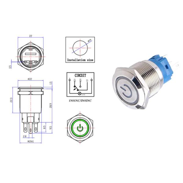 19mm Latching Metal Push Button Switches On Off Illuminated Dot Light