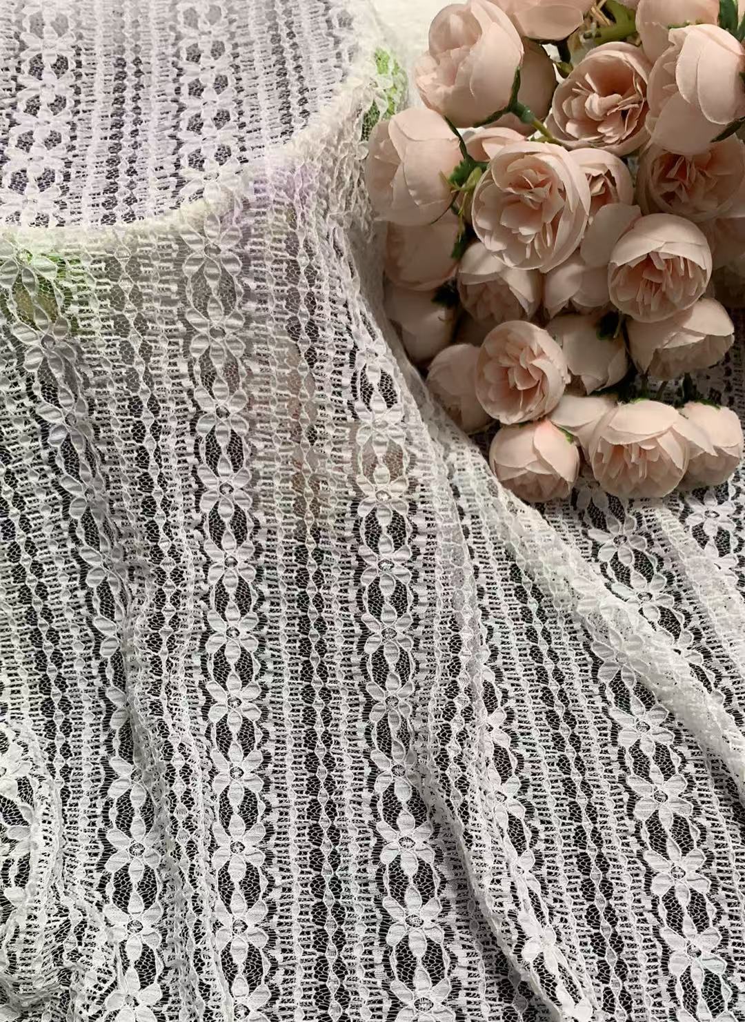 100% nylon/spandex Vertical Floral Striped Lace Fabric, Continuous Flower Stripe Hollow Mesh Lace for Women Dress Lingerie