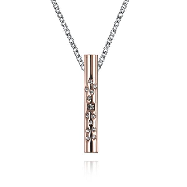 Stainless Steel Link Chain Bar Shape Necklace with Diamond Christian Pendant Rose Gold Plated