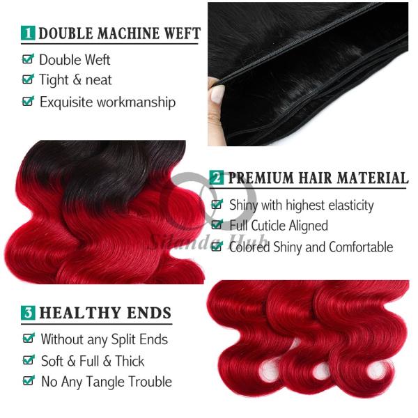 #T1B/Red Body Wave Remy Human Hair Bundles Sew In Weave Bundles Brazilian Bundle Deals