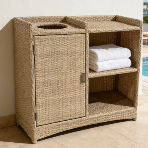 All in One Handwoven Rattan Towel Storage Solution with Towel Bin for Hotel Pool Resort