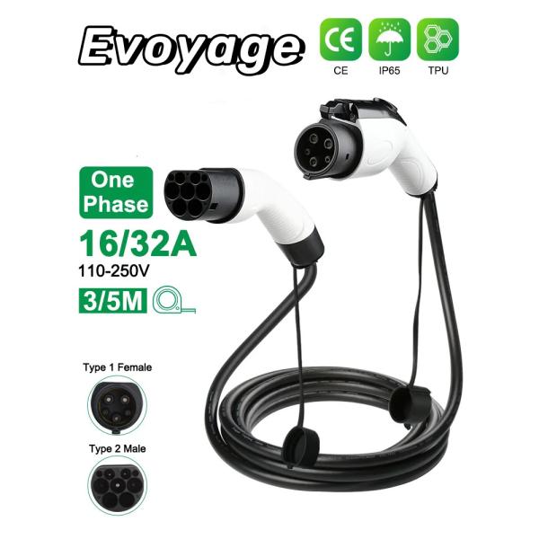 Тип 2 к Типу 1 Режим 3 EV кабель зарядки 1 / 3 Фаза 3.6KW / 7.4KW / 11KW / 22KW