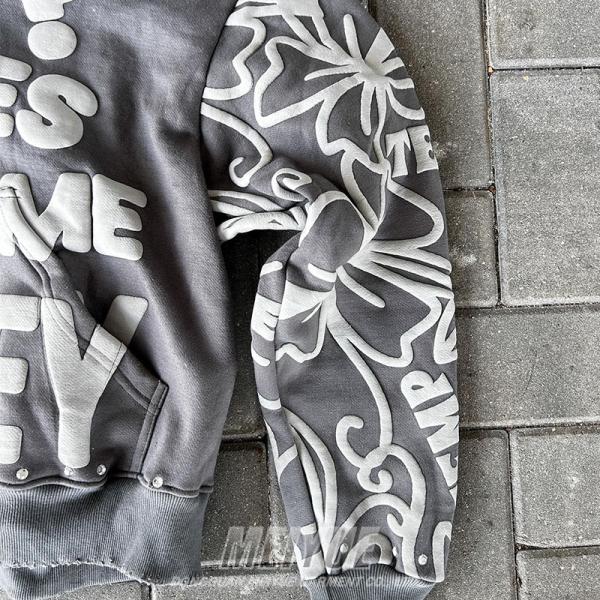 Camisetas con cremallera personalizadas de huellas de oro con capucha Acid Wash Grey Vintage Puff Print Camiseta con capucha de peso pesado con caída de hombro Camisetas con capucha y sudaderas para hombres