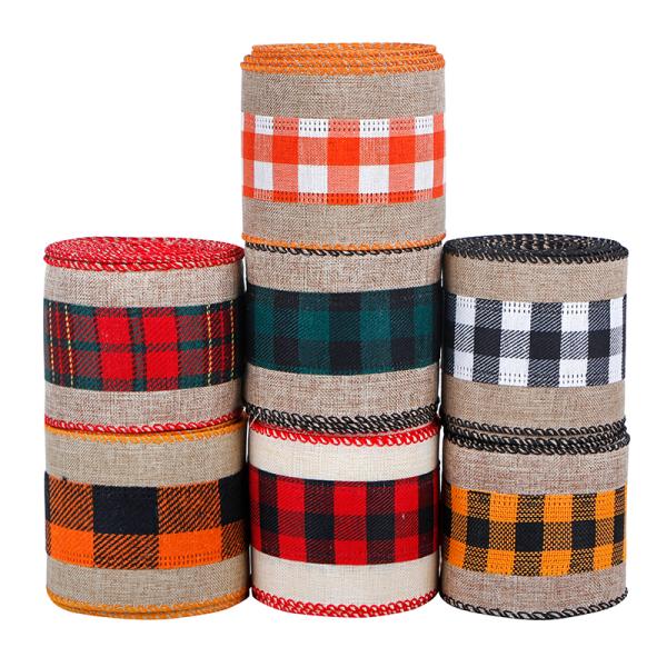 2.5 Inch Wired Edge Plaid Burlap Ribbon for Christmas Present Wrapping and Floral Bows