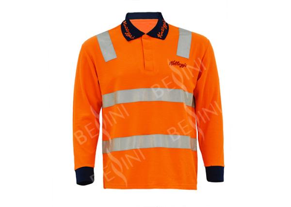 Comfortable Long Sleeve Safety Shirts / Orange Hi Vis T Shirts Flat Knitted Collar