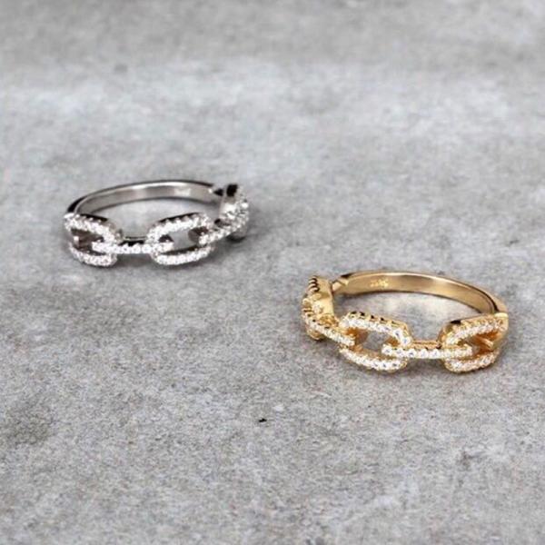 925 Sterling Silver Curb Link Chain Ring 18K Women Cubic Zirconia Rings
