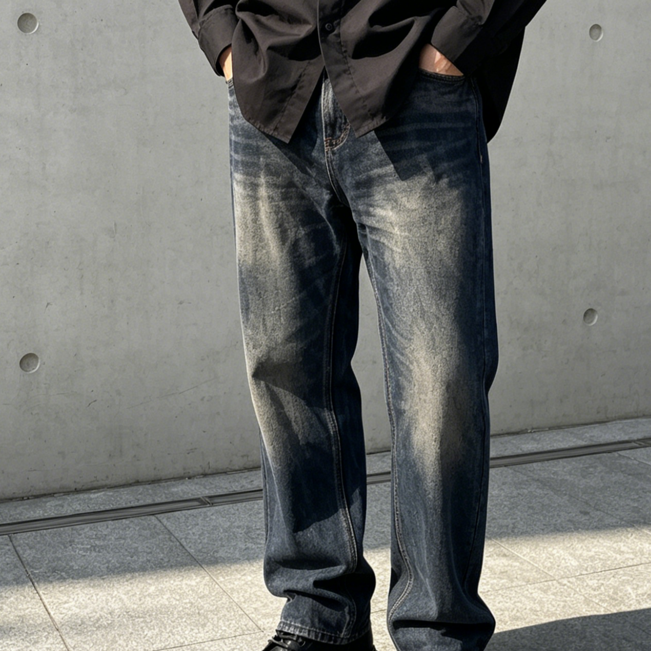 Horse Shadow Dark Wash Jeans Gradient Straight Leg Jeans Wide