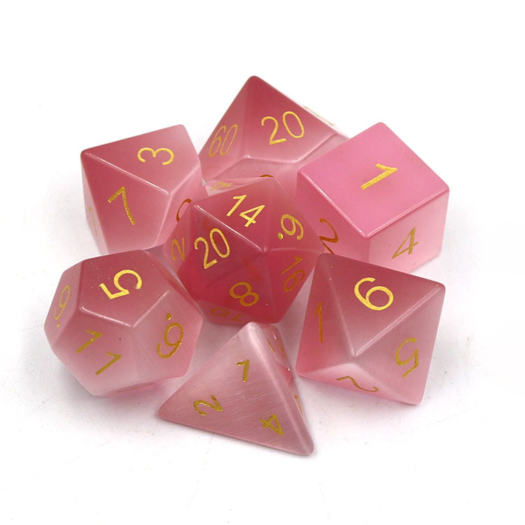 Natural Cat's Eye Stone Polyhedral Dice Set Hand Carved with Golden Paint Engraved Numbers for DND and RPG Games