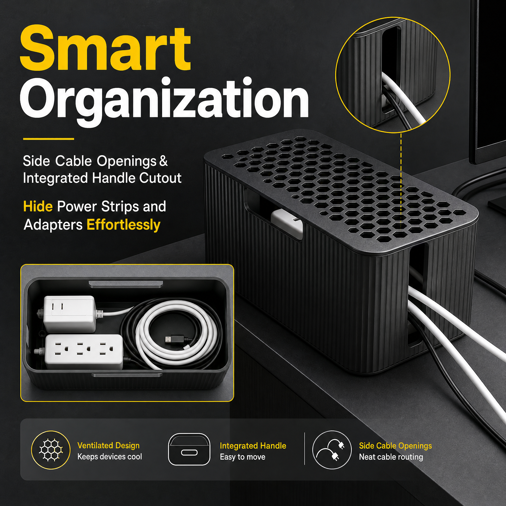 Desktop 3D Printed Office Supplies Power Strip Organizing Ventilated Wire Storage Box