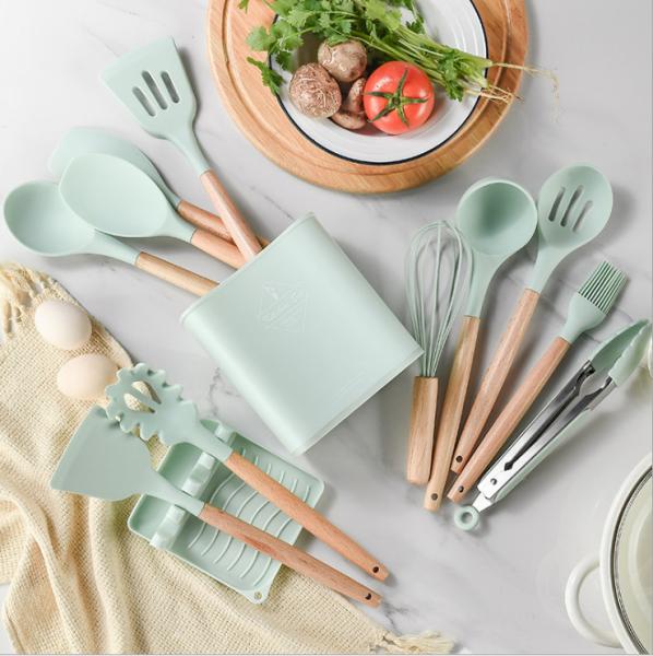 Kitchen Silicone Spatula Set With Wooden Handle Shovel Spoon Food Holder Egg Beater Kitchen Tool Set