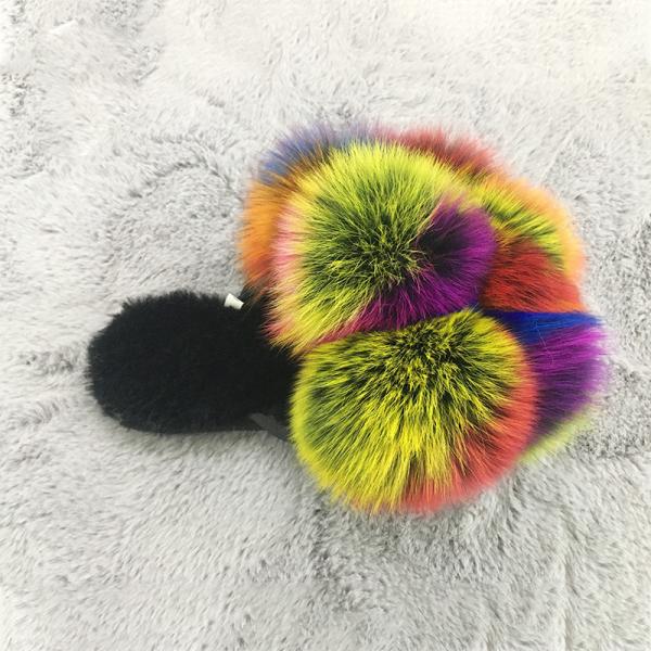 Wholesale Fluffy Slippers Multi - Color Spliced Vamp Furry Slippers For Women Real Fox Fur Slides
