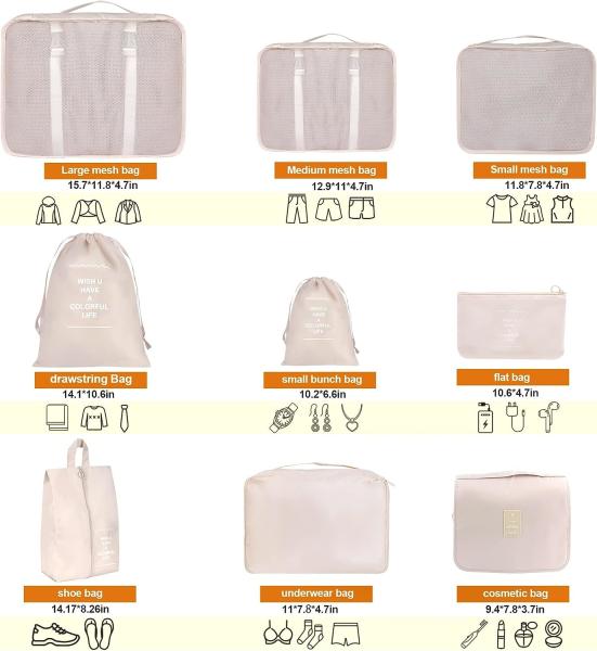 Travel Luggage Packing Organizers With Laundry Bag, Compression Storage Shoe Bag, Makeup Bag, Clothing Underwear Bag