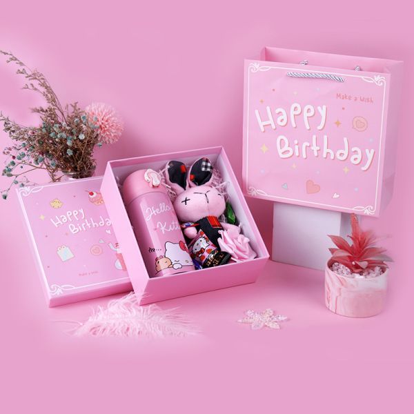 Birthday Gift Box Set Cartoon Ins Style Packaging Light Blue Pink Options Bear Bunny Theme for Boys and Girls