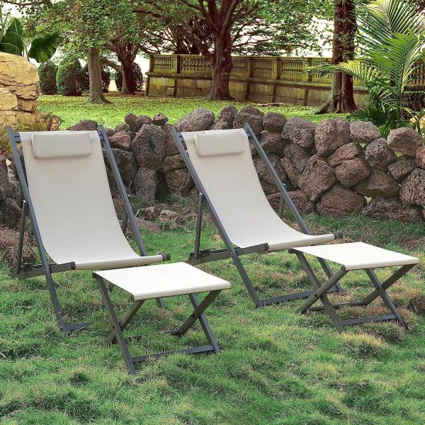 Outdoor Folding Beach Sling Chairs Set, Aluminum Patio Lounge Chair, Portable Beach Chairs, Adjustable Reclining