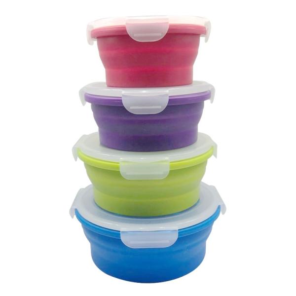 Wholesale 4 Sets Microwavable Food Storage Containers Safe leakproof Silicone Foldable Round Lunch Box