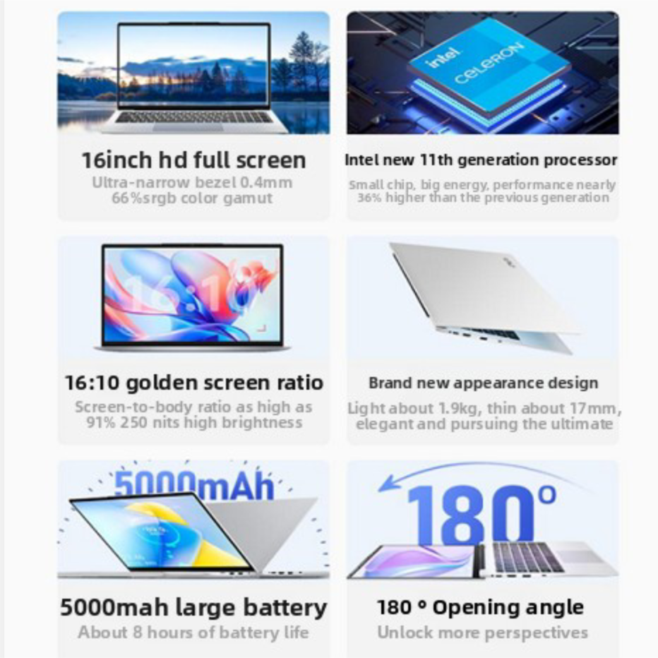 Wholesale High Quality 16 Inch Notebook Computer with Intel Quad Core 2.90GHz 16GB RAM 1TB SSD Intel UHD Graphics for Office
