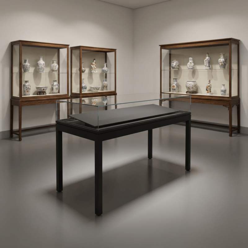 Table Vitrine Display Cabinet Five-sided Transparency Complete View with Gel Buffer for Textiles