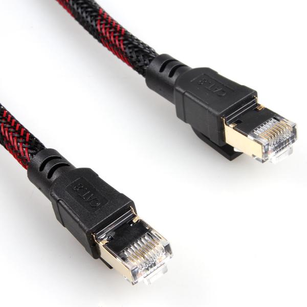 Outdoor Indoor Cat8 Patch Cable Nylon Braided Red Black 26AWG 40Gbps