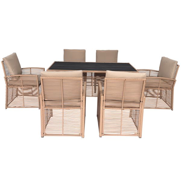 Outside Rattan Dining Table and Chairs 7 Pieces Set PE Wicker Poly Wooden Table Top Garden Patio Balcony Furniture Set