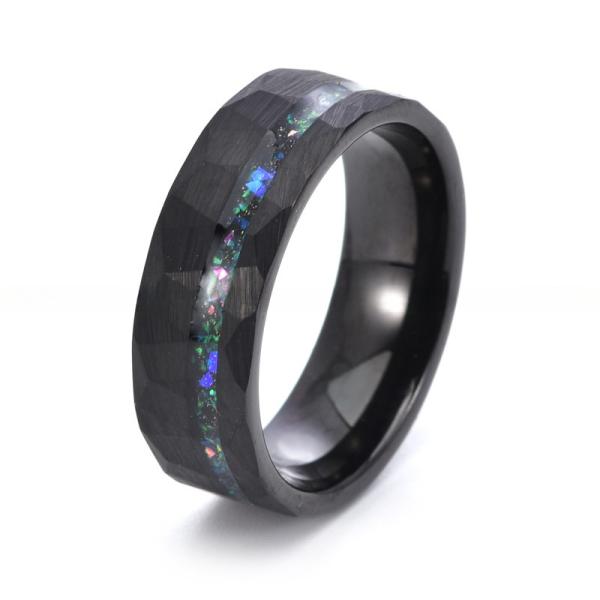 Men Faceted Black Tungsten Wedding Rings 8mm with Pearl Type Inlay Galaxy Opal Inlay