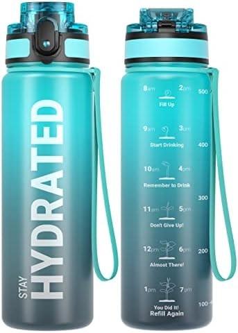 32oz Motivational Sports Water Bottle with Time Marker - Times to Drink - Tritan, BPA Free, Wide Mouth Leakproof,