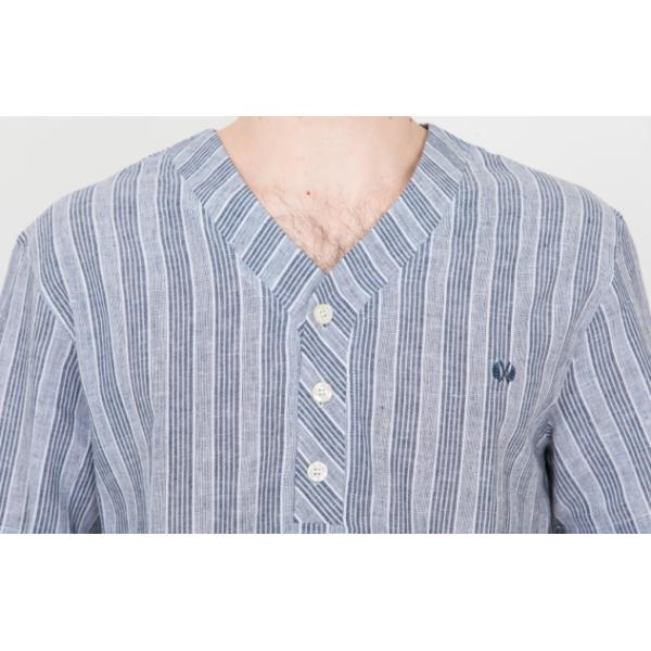 Stripeed Design Mens Short Sleeve Nightshirts Button Placket Embroidery Curved Hem