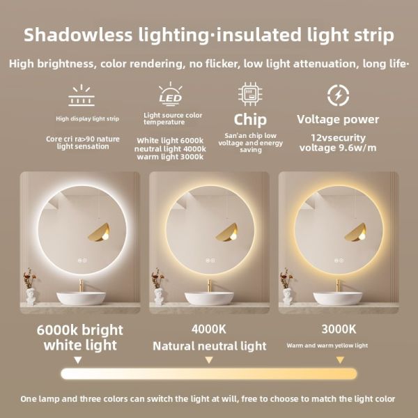Modern Anti-Fog LED Light Touch Switch Wall-Mounted Luxury Mirror for Bathroom Decoration for Hotels Apartments Villas IP44