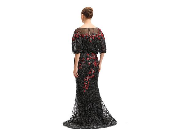 Embroidery Black Beading Half Sleeve Evening Dresses Long Maxi Floor Length