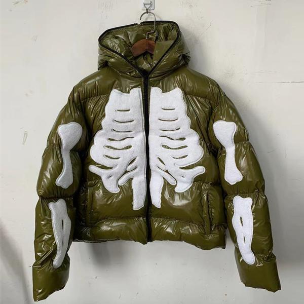 OEM Unisex Zip Up Hoodie Esqueleto personalizado bordado con cheniles Logotipo Puff Jacket a prueba de agua a prueba de viento burbuja con cierre completo chaqueta hombre