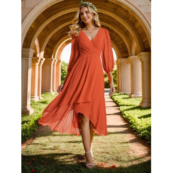Elegant Empire Long Sleeve V-neck High Low A-line Ruffled Midi Burnt Orange Chiffon Wedding Guest Cocktail Dress