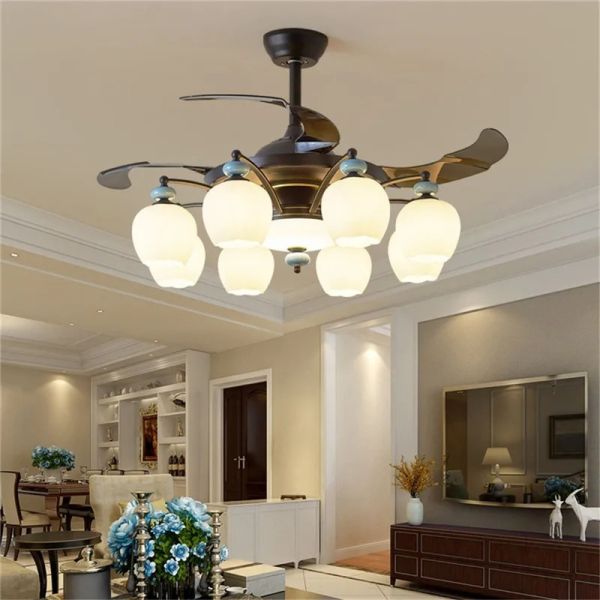 Retractable Blade Modern Folding Fan Light Remote Control Chandelier LED Invisible Ceiling Fan Crystal Light (WH-VLL-29)