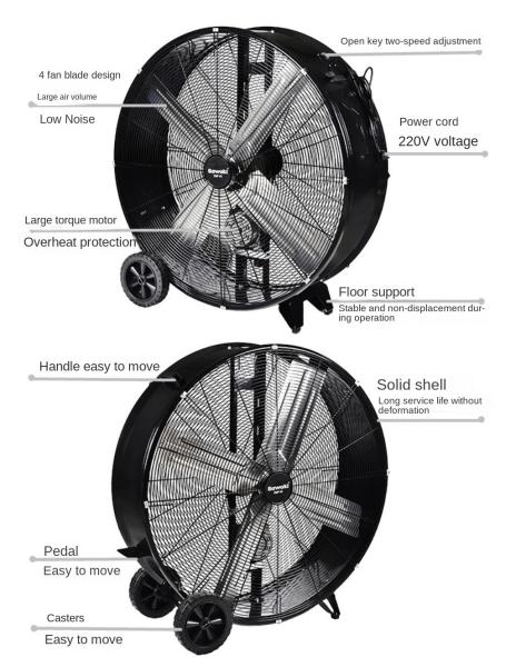 Handpushed industrial electric fan, safe and durable. Provincial tram room, basketball court, gym, cooling fan factory
