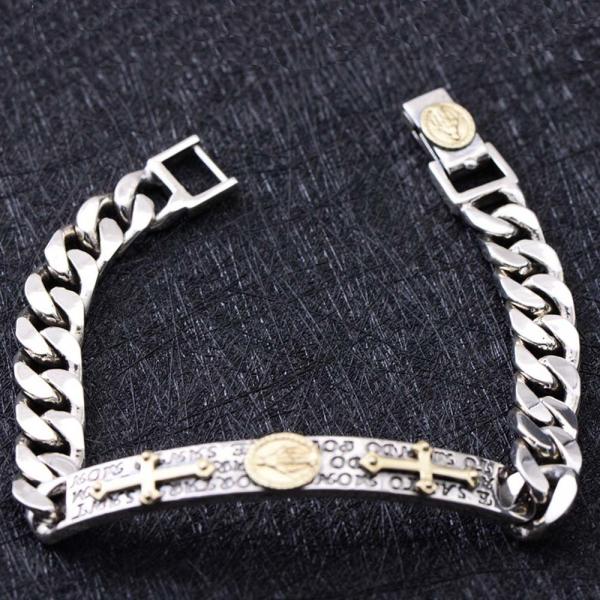 925 Sterling Silver Chunky Curb Chain Link Cross Charm ID Bracelet (XH058592)