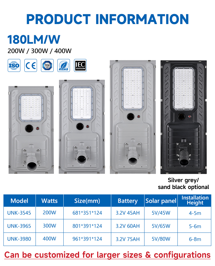 IP65 180lm/W All in One Solar Street Light 200W 300W 400W for Village Roads