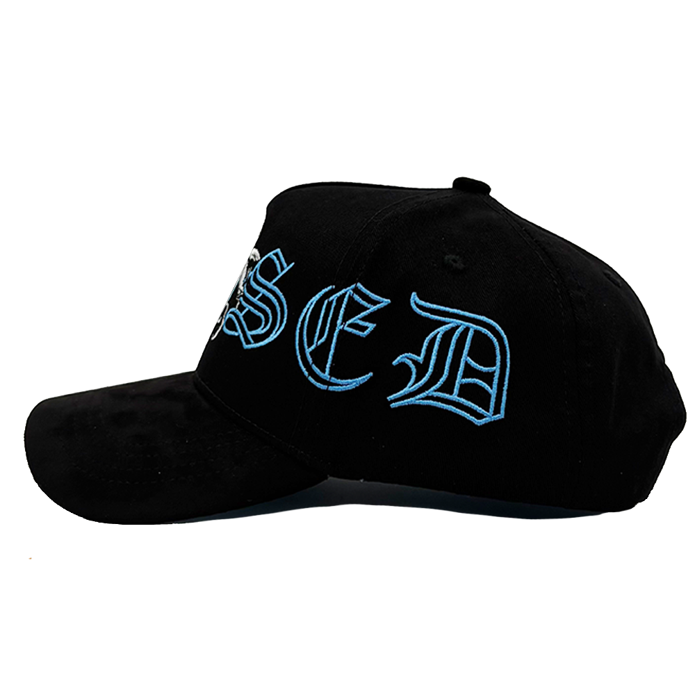 Sports Suede Baseball Caps 5 Panel Curved Brim Satin Lined Custom Embroidered Logo
