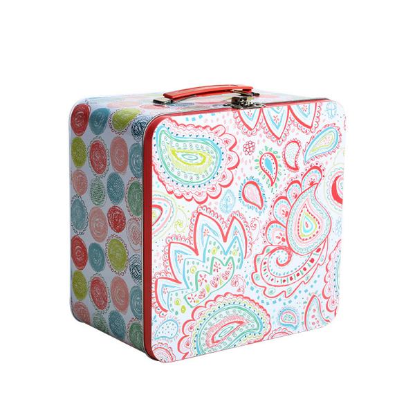 Factory Price Rectangle Shaped Suitcase Tin Box with Handle Custom Metal Lunch Box with Lock Tin Box
