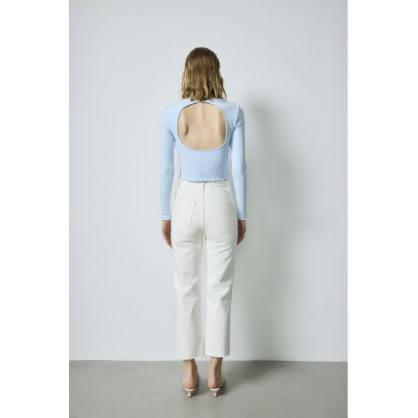 Blue Ribbed Long-Sleeve Lettuce-Hem Cropped Top & White High-Waist Cropped Straight-Leg Jeans Set