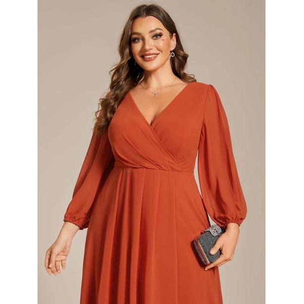 Elegant Empire Long Sleeve V-neck High Low A-line Ruffled Midi Burnt Orange Chiffon Wedding Guest Cocktail Dress