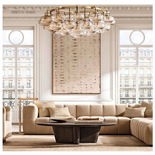 JYLIGHTING Modern Contemporary Bubble Glass Pendant Chandelier, Brushed Brass Circular Frame Hanging Lamp for Hotel Lobby & High-End Restaurant