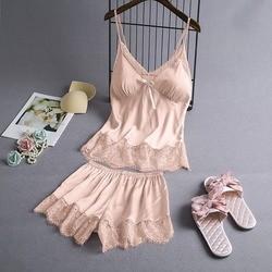 Summer Sleeveless Ice Silk Sexy Suspenders Knickers Lace Satin Pajama Set For Women
