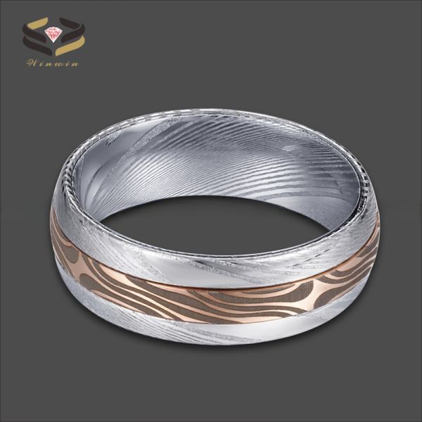 Damascus Steel Jewelry Main Material 8mm Lasered Rose Gold Mokume Gane Inlay Wedding Band for Unisex