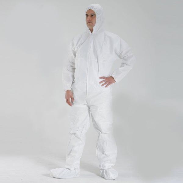 Hooded White Disposable Coveralls , Disposable Dust Suits With Shoe Cover