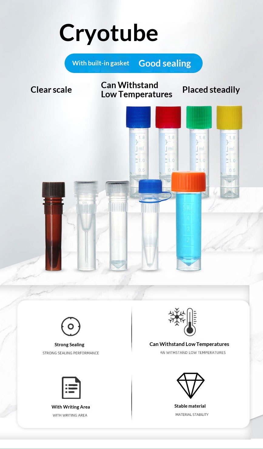Cenlee Single-Use Cryogenic Cell Storage Tubes Ultra-Low Temperature Sample Storage Liquid Nitrogen High-Threaded 0.5/1.5/2 mL