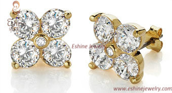 Factory sale Sweet 14K gold plated clover look brass CZ earring + clear AAA round cut CZ