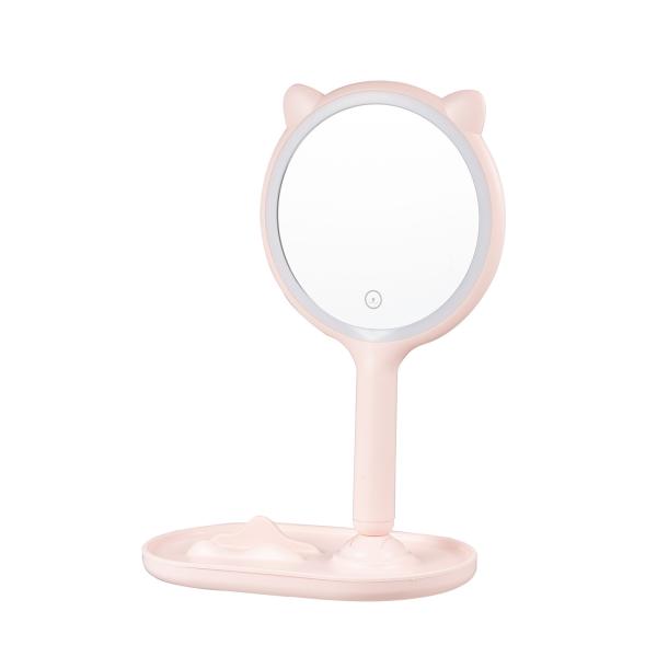 Compact Plastic Led Light Makeup Mirror With Animal Ears And Jewelry Tray