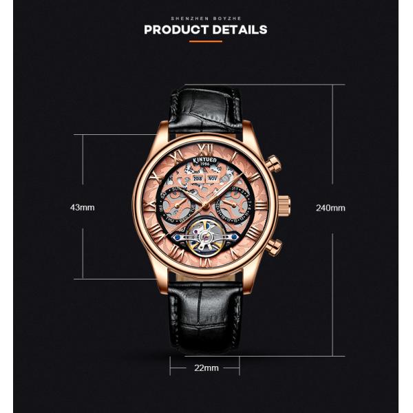 KINYUED genuine leather tourbillon mens automatic watch skeleton mechanical watch luminous watch
