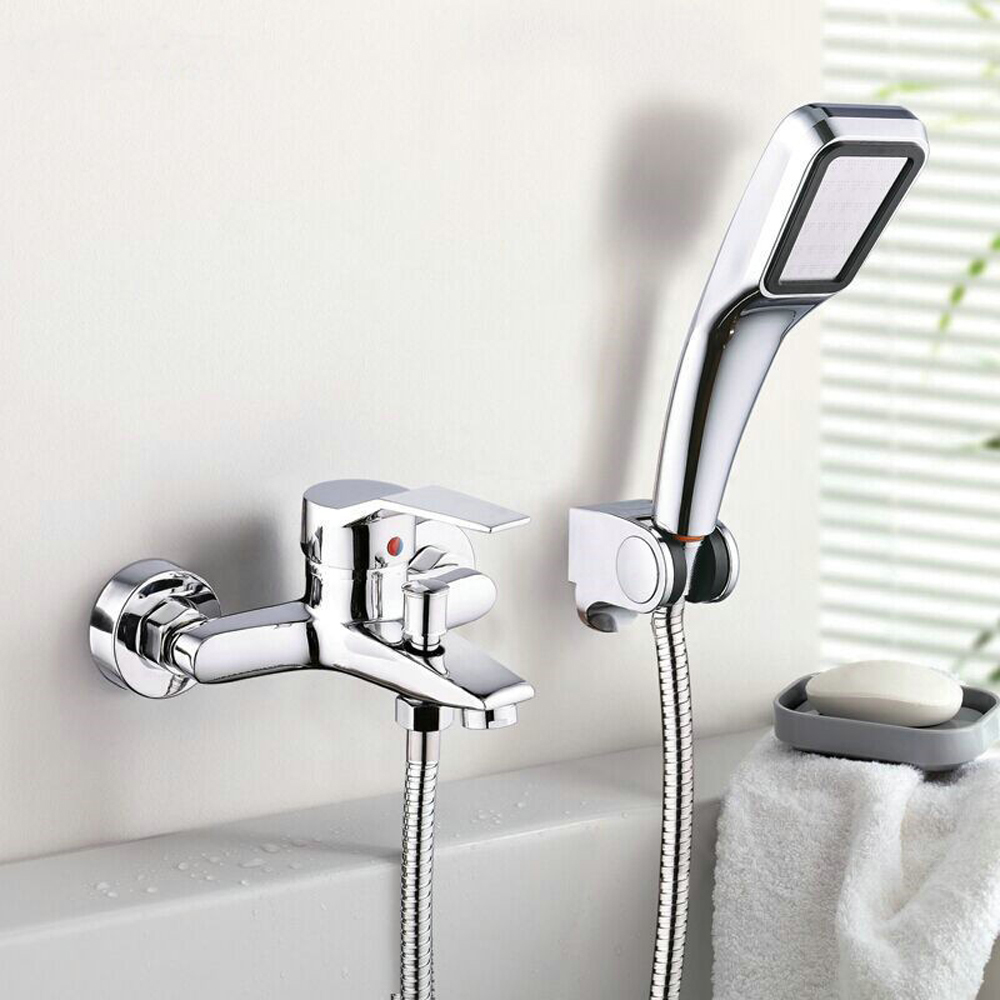 Bathtub & Shower Mixer Faucet Ceramic Cartridge Wall Mounted Installation Fittings with 1.5m SUS304 Shower Hose & Pressurized Hand Shower