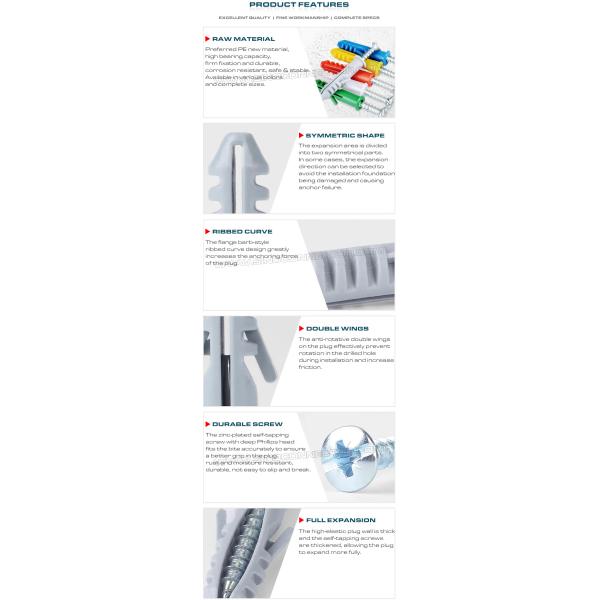 Rimmed Plastic Expansion Plugs /Anchors with Double Wings & Screws, Fishlike Type, Polyethylene, Ø5~Ø16mm, for Concrete Wall