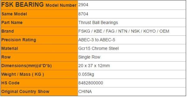 2900 Series 2904 , 2905 , 2906 Thrust Ball Bearings One Way Single Row P6 P5