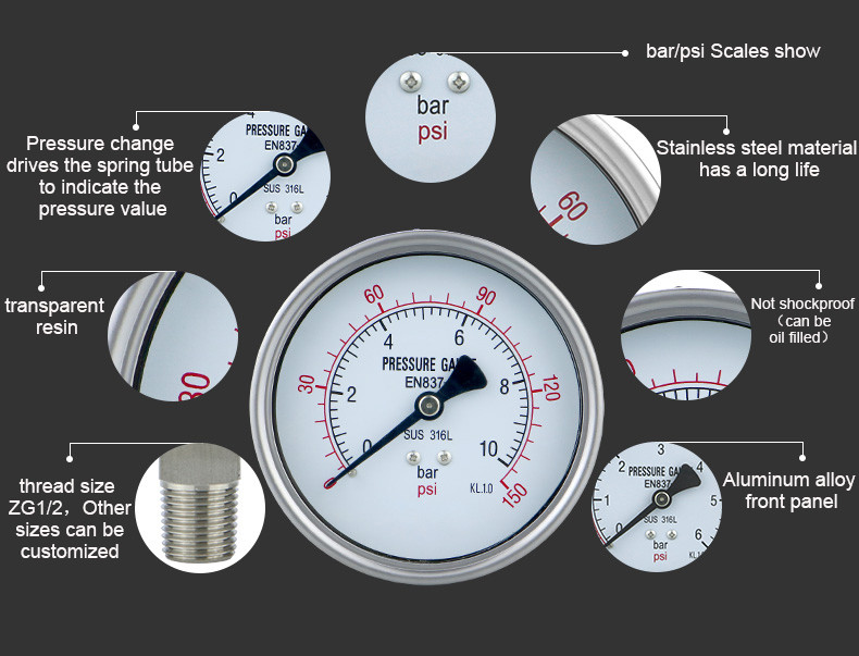 4 Inch 600bar Back Connection Stainless Steel Hydraulic Pressure Gauges Manufactured